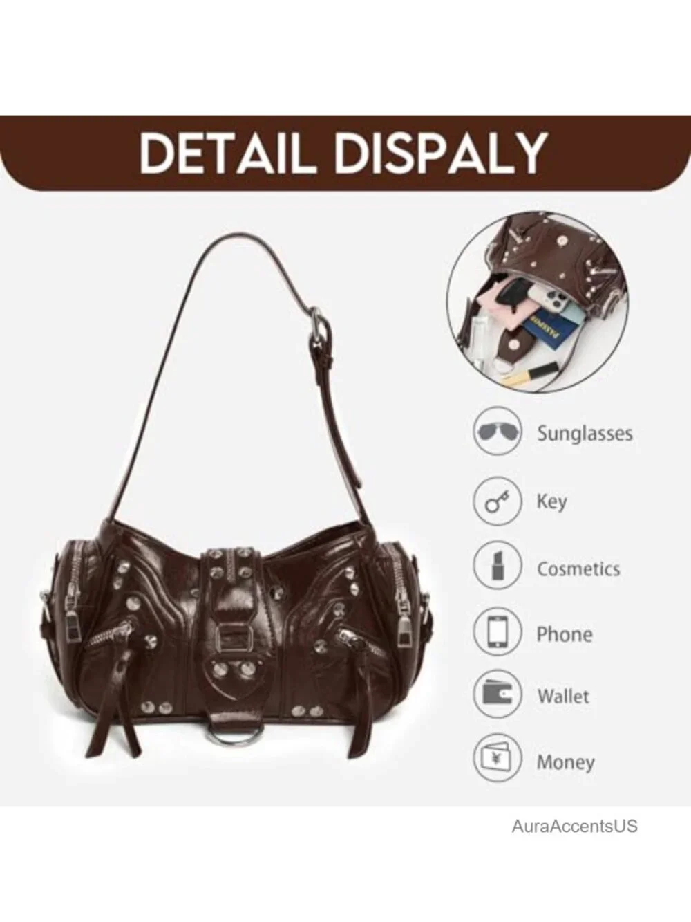 Y2K Studded Faux Leather Hobo Shoulder Bag with Buckle Flap Closure